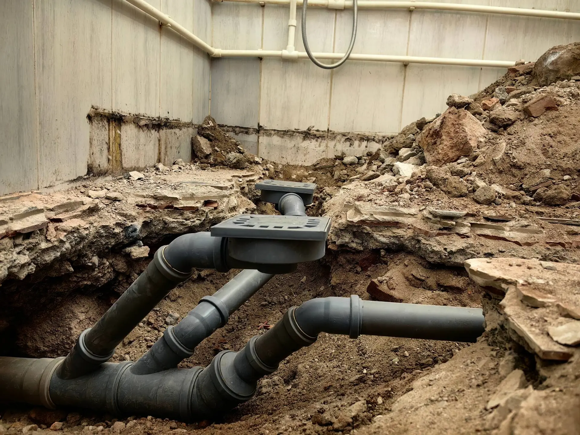 Exposed plumbing pipes and fittings are visible in a partially excavated dirt and concrete area, likely during construction or repair work by a plumber Bay Area, CA, in a building basement or utility room.