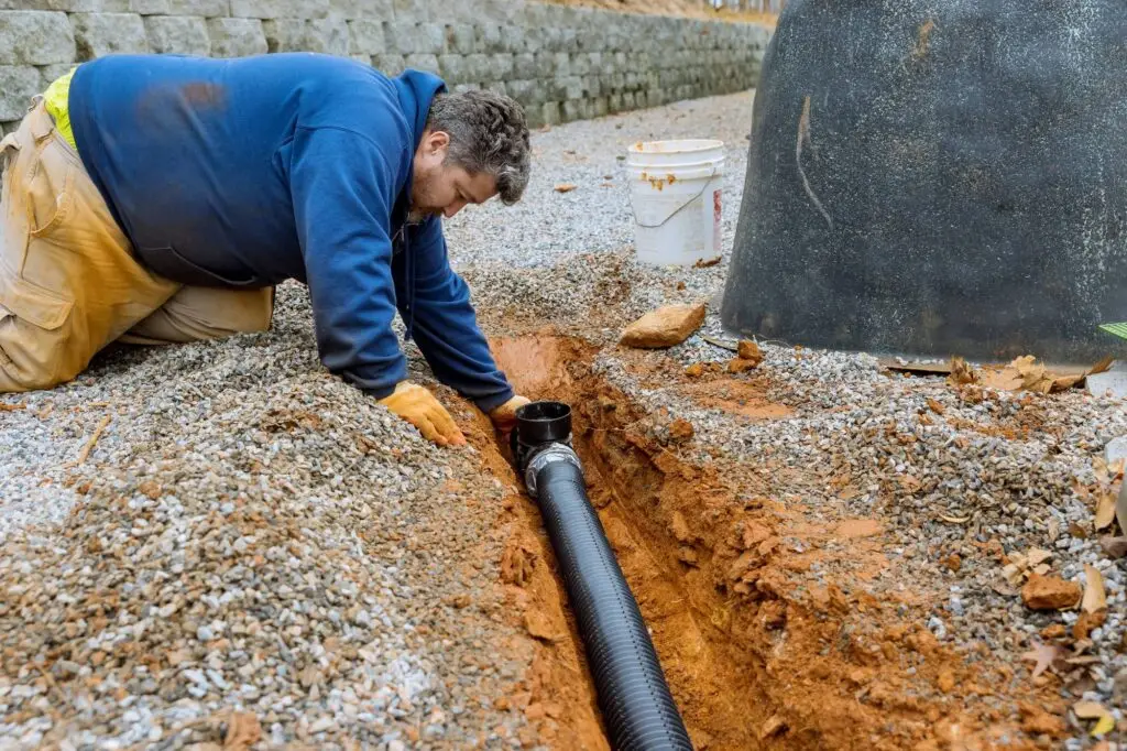 A plumber Bay Area in a blue hoodie and gloves installs a black drainage pipe in a shallow trench filled with gravel and soil. Buckets and a retaining wall are visible in the background, highlighting the CA job site.