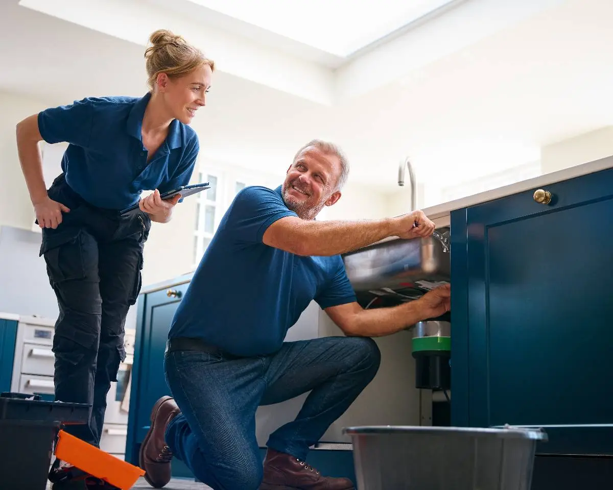 A smiling plumber Bay Area, CA kneels while fixing a kitchen sink with a wrench, as a woman stands beside him holding a tablet. Both wear blue shirts and appear to be working together in a bright, modern kitchen.