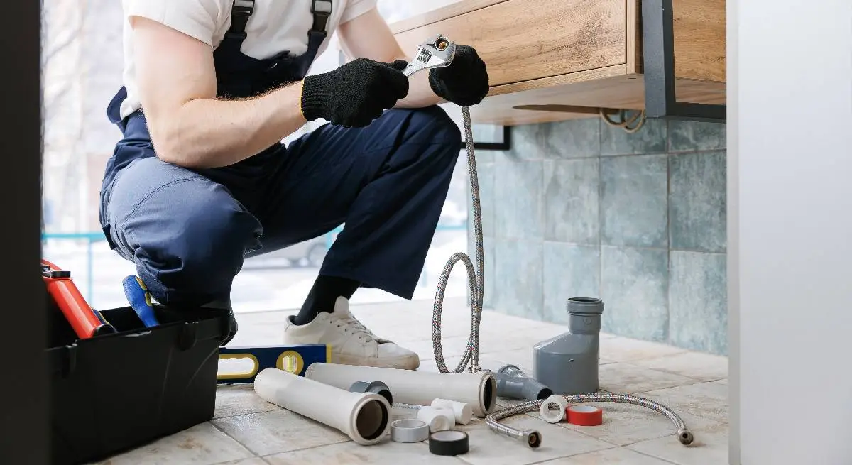 A plumber Bay Area in work overalls and gloves kneels on a tiled floor, repairing a flexible pipe under a sink. Various plumbing tools and pipes are spread out beside the toolbox, showcasing expert service in CA.